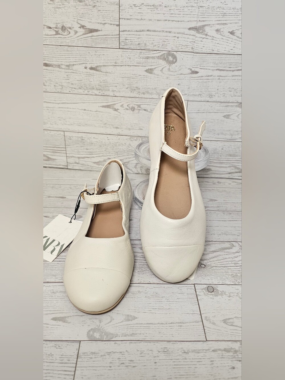 NWT Zara Kids Leather Mary Jane Flats Off White Cream Shoes Size EU 33 US 2